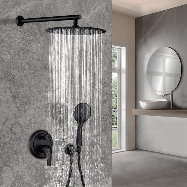 5-Spray 12 in. 2.35 GPM Wall Mount Dual Shower Heads with Handheld Built-In Shower System in Black