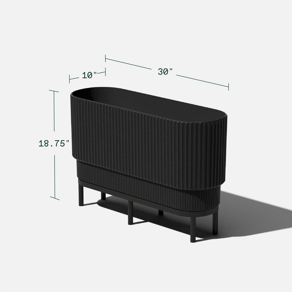 30" Black Plastic-Stone Raised Planter with Acacia Wood Stand