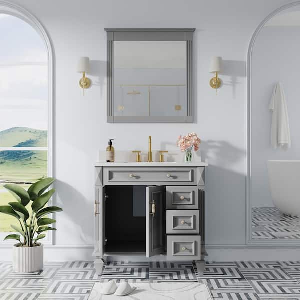 36 in. W x 22 in. D x 35 in. H Single Sink Solid Wood Bath Vanity in Grey with White Stain-Resistant Quartz Top,Mirror