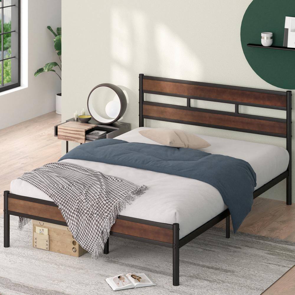 Queen Brown Bamboo and Black Metal Platform Bed Frame with Slatted Headboard