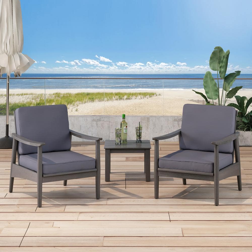 Gray Acacia Wood Outdoor Lounge Chairs with Dark Gray Cushions, Set of 2