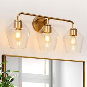 Mid-Century Modern Geometric Vanity Light 24.4 in. 3-Light Brass Gold Wall Light with Clear Glass Shades