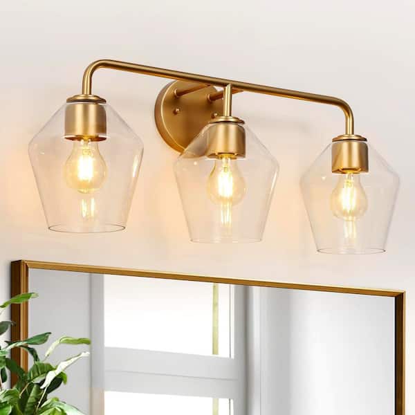 Uolfin Mid-Century Modern Geometric Vanity Light 24.4 in. 3-Light Brass Gold Wall Light with Clear Glass Shades