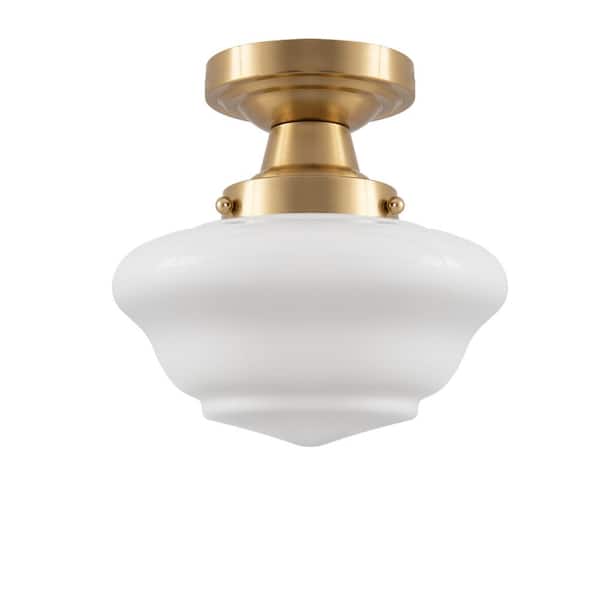 YANSUN 9 in. Farmhouse Brass Schoolhouse Semi-Flush Mount Ceiling Light, White Frosted Glass Shade for Bedroom, Kitchen