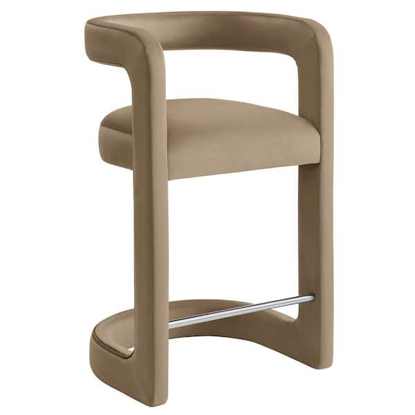 Winslow Performance Velvet Counter Stool with Stainless Steel Footrest in Taupe-Counter-Height Stool with Armrests
