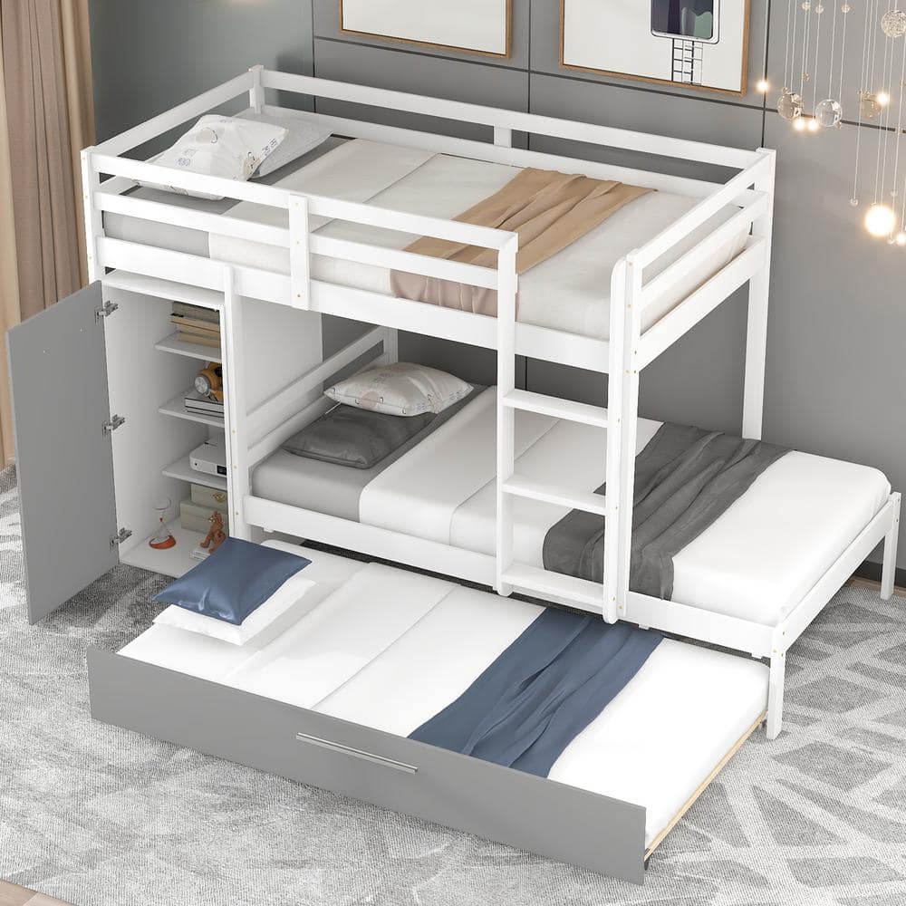 GOJANE White Twin Over Twin Bunk Bed With Built-in Storage Wardrobe And ...