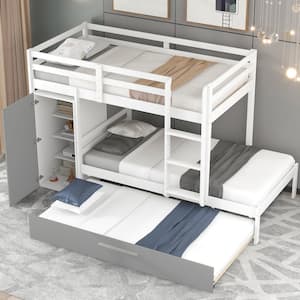 White Twin Over Twin Bunk Bed with Built-in Storage Wardrobe and Trundle