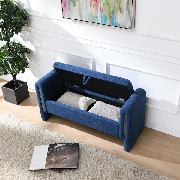 Navy Blue 52 in. Teddy Bedroom Bench with Arms and Storage Upholstered Large Foot Rest Stool Comfy Window Vanity Bench
