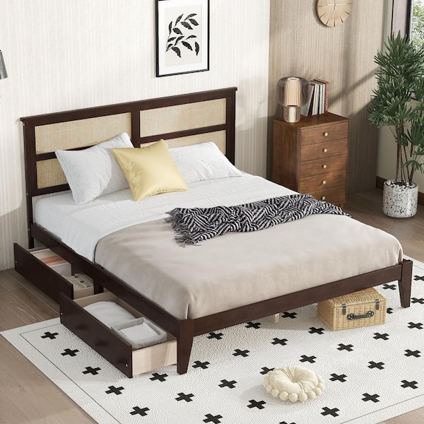 Noble House Elsie Espresso Brown Wood Frame King Size Platform Bed with 2 Storage Drawers and Rattan Headboard