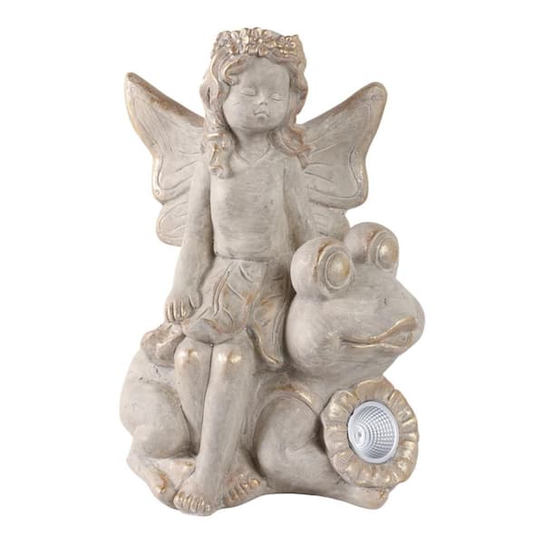 Liv & Skye 15 in. Ivory Resin Fairy on Solar Frog with Glass Orb Garden Statue