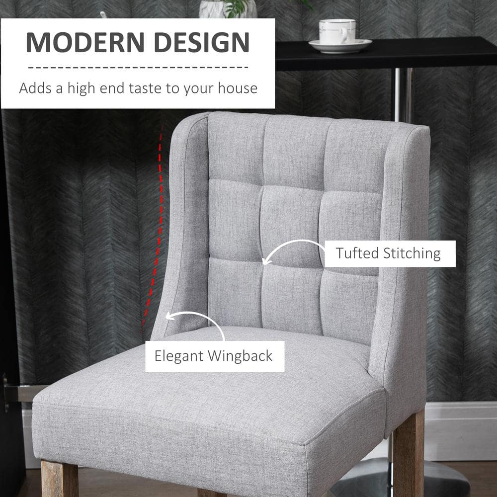 Gray Tufted Upholstered Bar Stools with Rubber Wood Legs, Set of 2