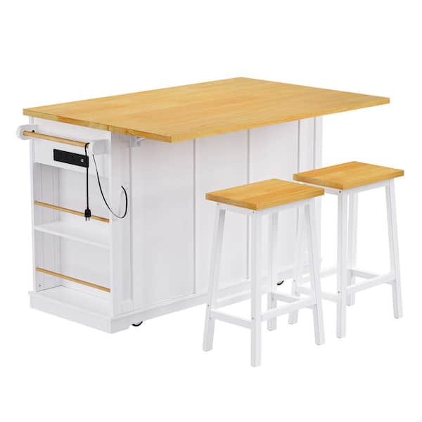 COWLOWN 3-Piece White Wood 53.14 in. Kitchen Island with 2-Bar Stools, Power Outlet, Drop Leaf, 5-Open Side Racks, 3-Drawers