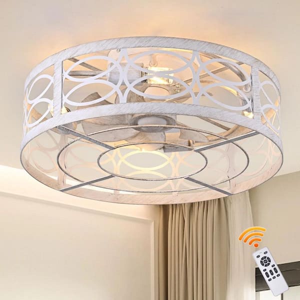20 in. White Farmhouse Caged Flush Mount Ceiling Fan with Remote and 4 Dimmable Bulbs Included for Bedroom Foyer
