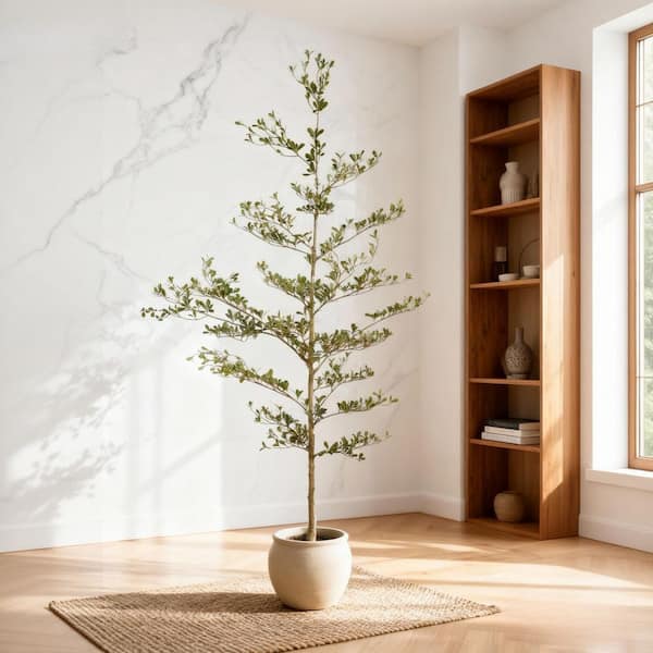Sheridan Indoor 7 ft. Artificial Black Olive Tree with Black Plastic Pot, Lifelike Fake Potted Indoor Plant