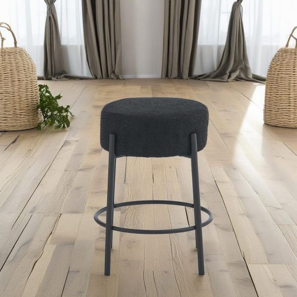 Noble House Gralis 23.81 in. H Black Backless Metal Round Upholstered Bar Stools, Teddy Fabric, Set of 2