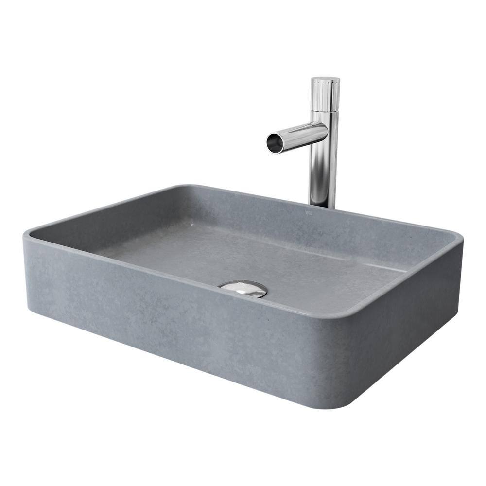 Ashford Gray Concrete Rectangular Vessel Sink with Chrome Faucet