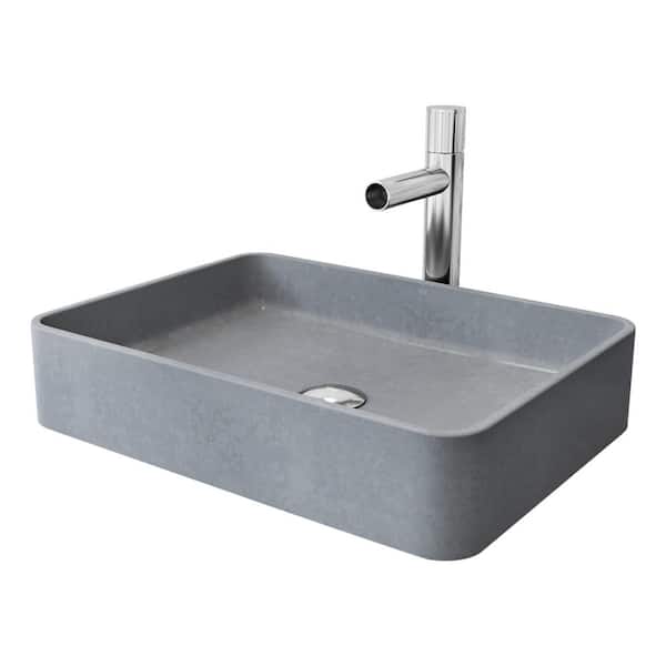 Ashford Gray Concreto Stone Rectangular Bathroom Sink with Vessel Faucet in Chrome and Pop-Up Drain in Chrome