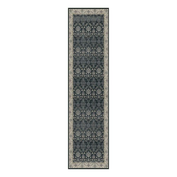 Shimmer Black 2 ft. x 8 ft. Washable Distressed Vintage Floral Runner Rug