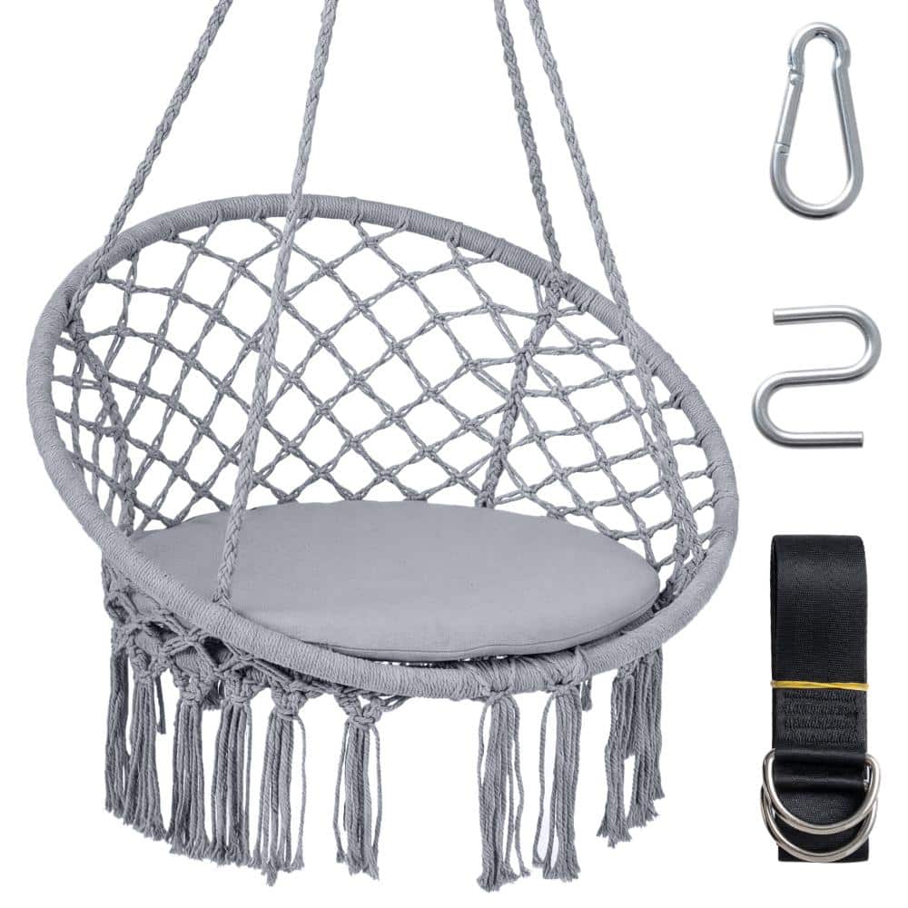 31.5 in. Polyester Cotton Macrame Hanging Hammock Chair with Round Cushion and 330 lb. Capacity, Gray