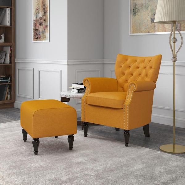 Handy Gold Margaux Home Living - Set Ottoman Arm Button Mustard Depot A153102 Chair Tufted and Velvet Rolled The