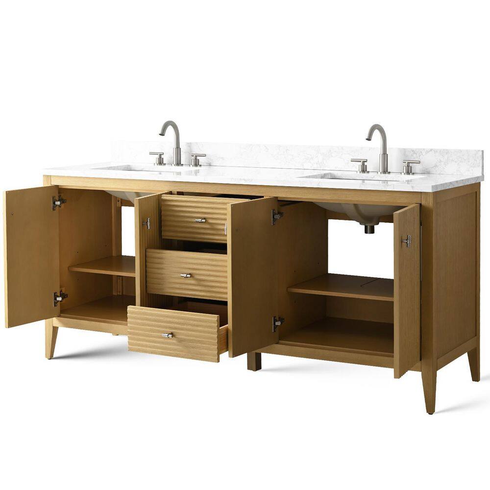 72" Natural Oak Double Sink Vanity with Marble Top