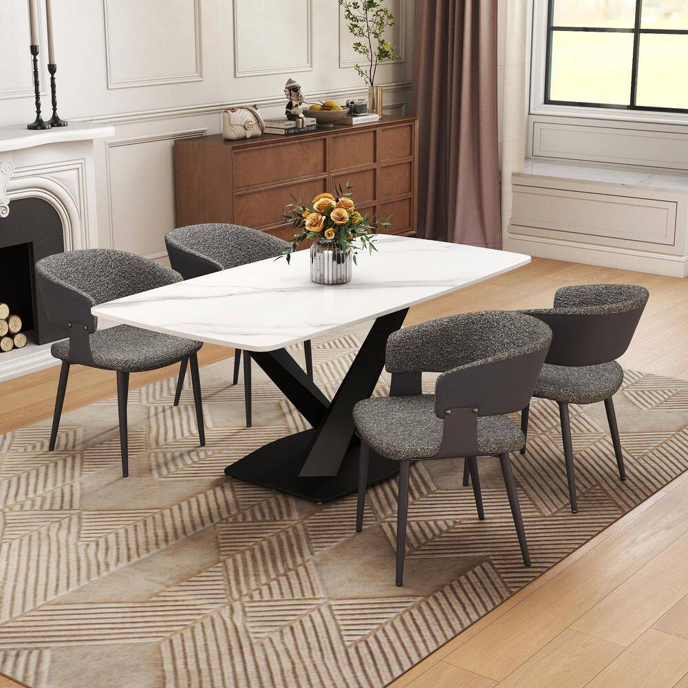 Set of 4 Modern Dining Chairs Teddy Fleece and PU Leather Upholstered Seat Curved Open Back in Black price history on PriceWatchPro