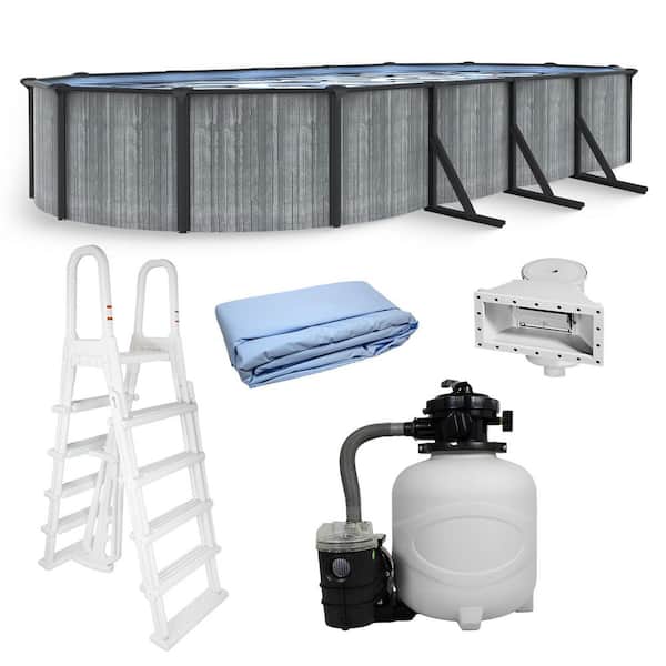 San Pedro 12 x 24 ft. Oval 52 in. Deep Above Ground Pool Package w/ 6 in. Top Seats, Sand Filter, Ladder, Skimmer, Liner