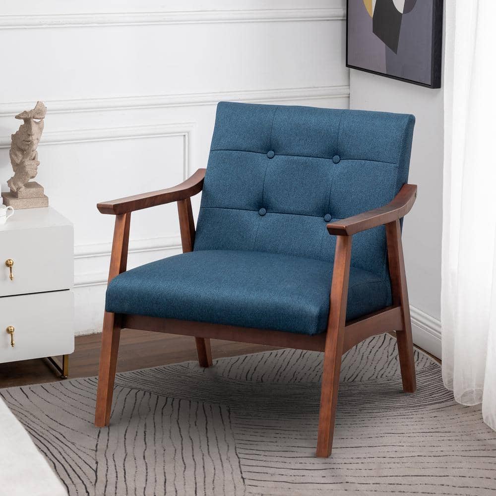 Dark Blue Fabric and Espresso Wood Accent Chair