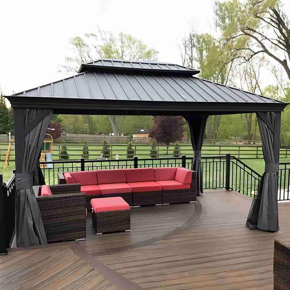 Gray Aluminum 10' x 14' Hardtop Patio Gazebo with Curtains