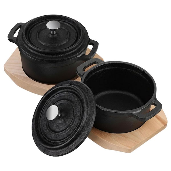 0.25 qt. Mini Cast Iron Round Dutch Oven Pot 2-Pack Pre-Seasoned with Lid and Wooden Base in Black for Grill or Oven