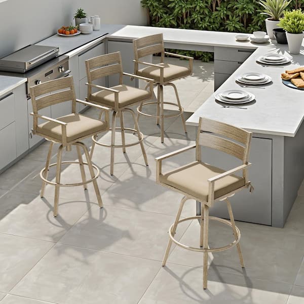 Swivel Aluminum Wood Grain Frame Outdoor Bar Stool with Canvas Antique Beige Sunbrella Cushions (4-Pack)