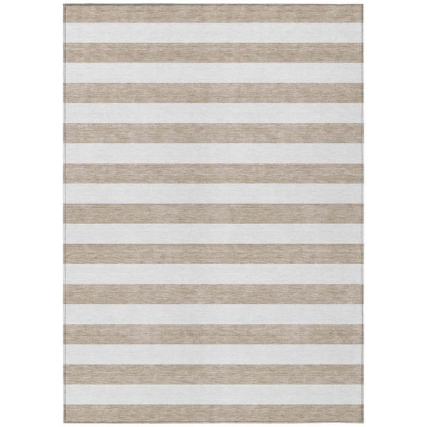 Taupe, White 8 ft. x 10 ft. Woven Striped Polyester Rectangle Indoor / Outdoor Area Rug