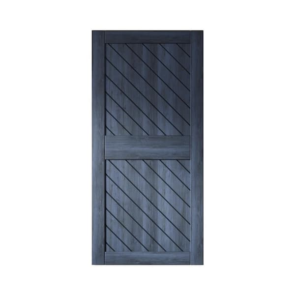 HOMACER XT2 36 in. x 84 in. C-Panel Solid Core Navy Slanted Stripe Design Pine Wood Interior Sliding Barn Door Slab
