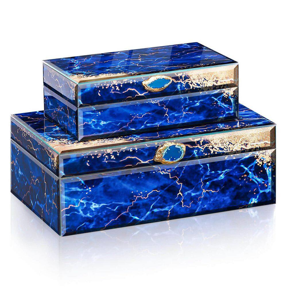 Blue Glass Decorative Storage Box Set: 2 Large Lidded Organizers for ...
