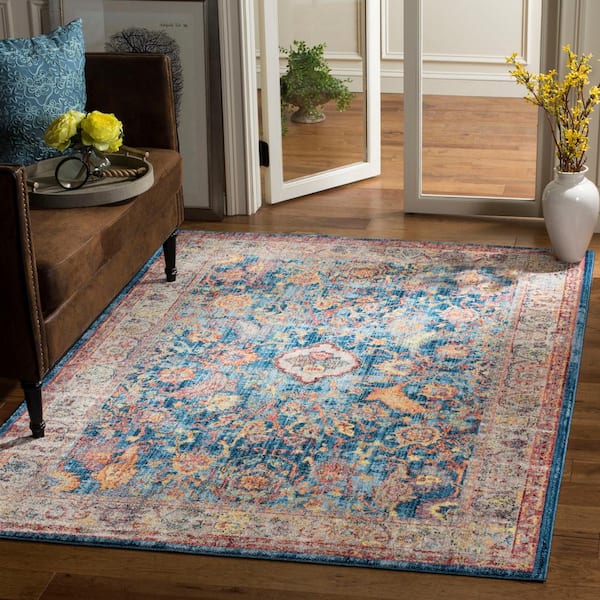 Bristol Blue/Light Gray 11 ft. x 16 ft. Distressed Floral Border Area Rug