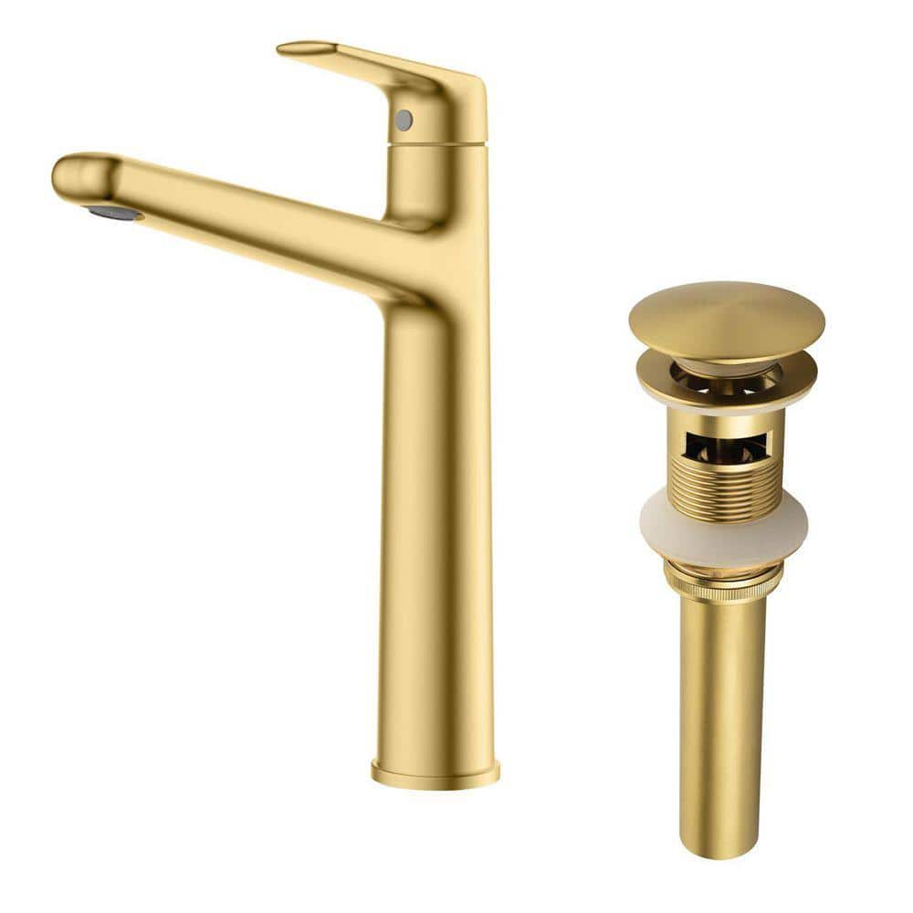 Single Handle Vessel Sink Faucet with Drain, Single Hole Bathroom Sink Faucet in Brushed Gold