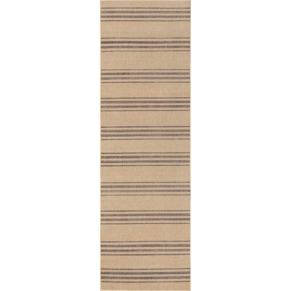 Gray and Natural Striped Washable Synthetic Runner Rug