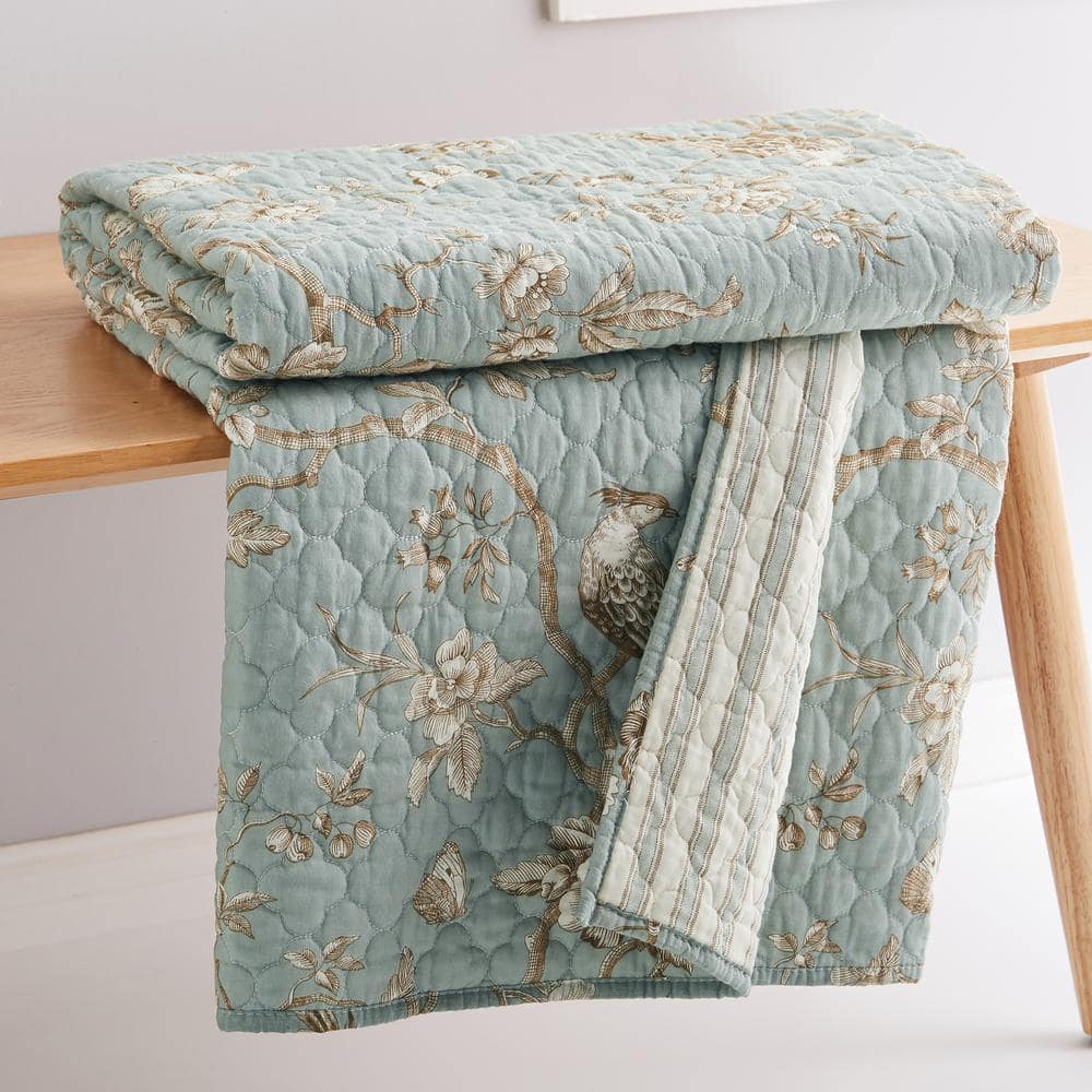 Teal and Cream Floral Quilted Cotton Reversible Throw