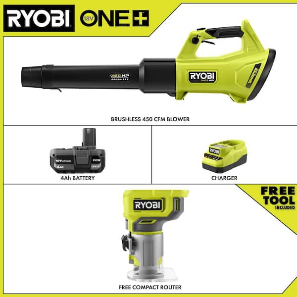 ONE+ HP 18V Brushless 450 CFM Cordless Leaf Blower w/ 4.0 Ah Battery, Charger, & FREE ONE+ 18V Compact Fixed Base Router