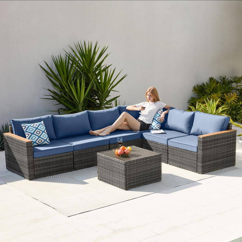 7-Piece Gray Wicker Patio Conversation Set with Blue Cushions