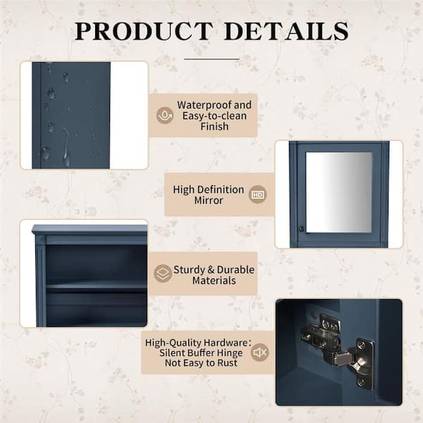 FAMYYT 24 in. W x 28 in. H Blue Rectangular Wooden Medicine Cabinet with Mirror and Adjustable Shelf