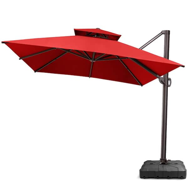10 ft. x 13.5 ft. Aluminum Heavy Duty 360° Rotation Double-Top Cantilever Patio Umbrella in Red and Umbrella Stand Base