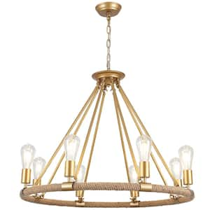 8-Light Gold Farmhouse Chandelier Round Wagon Wheel Light Fixture