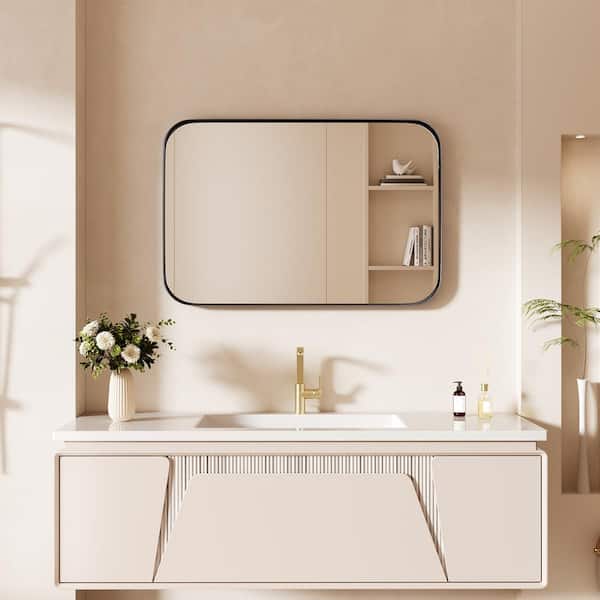 HOMEIBRO 20 in. W x 30 in. H Tempered Glass Rounded Rectangle Framed Wall-Mounted Bathroom Vanity Mirror in Black