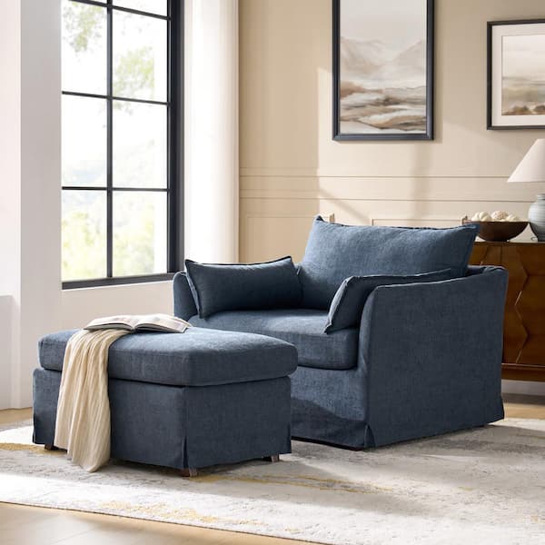 JAYDEN CREATION Sylvia Blue Modern Oversized Removable Slipcovered Chair Solid Wood Legs Armchair with Ottoman