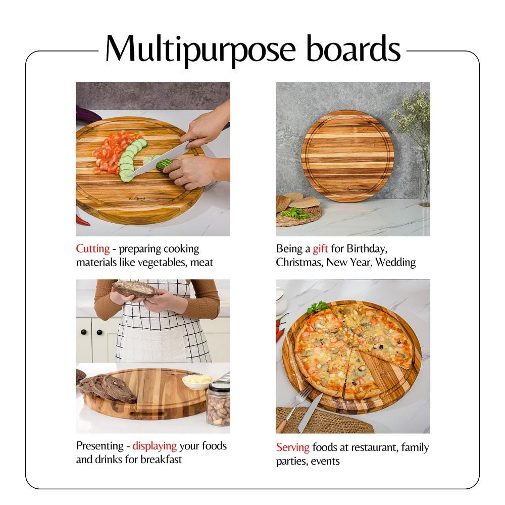 16" Round Teak Wood Reversible Cutting Board with Juice Groove