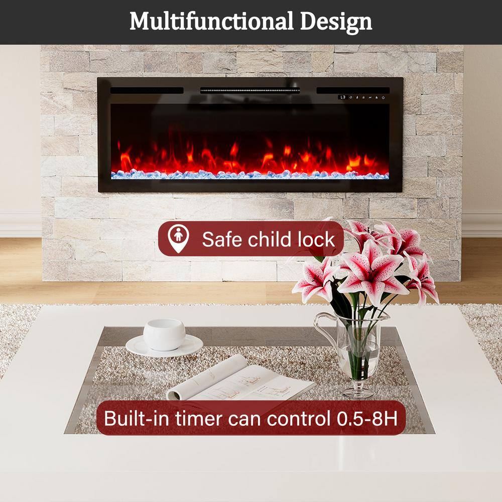 36" Black Glass Wall-Mount Electric Fireplace with Remote Control