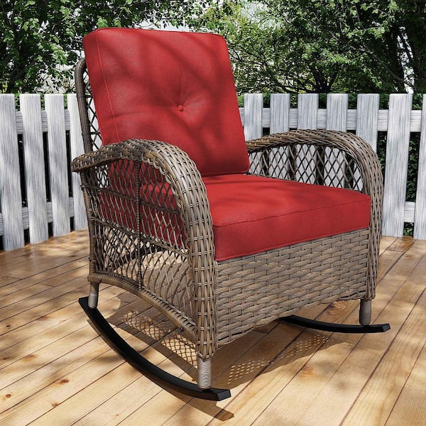 Wicker Patio Outdoor Rocking Chair with Red Cushions