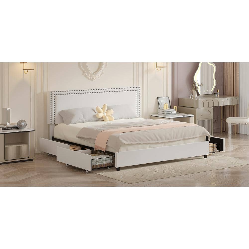 White Velvet Upholstered King Platform Bed with Storage Drawers