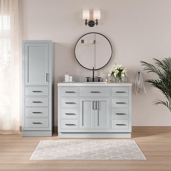Hepburn 48 in. Single Sink Bath Vanity with Carrara White Quartz Top and Linen Cabinet in Gray